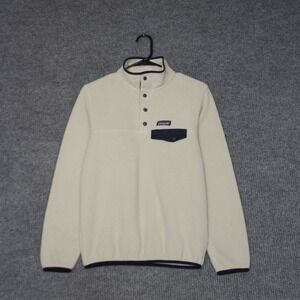 Patagonia Synchilla Snap-T Fleece Pullover Mens S Cream Navy Blue Trim